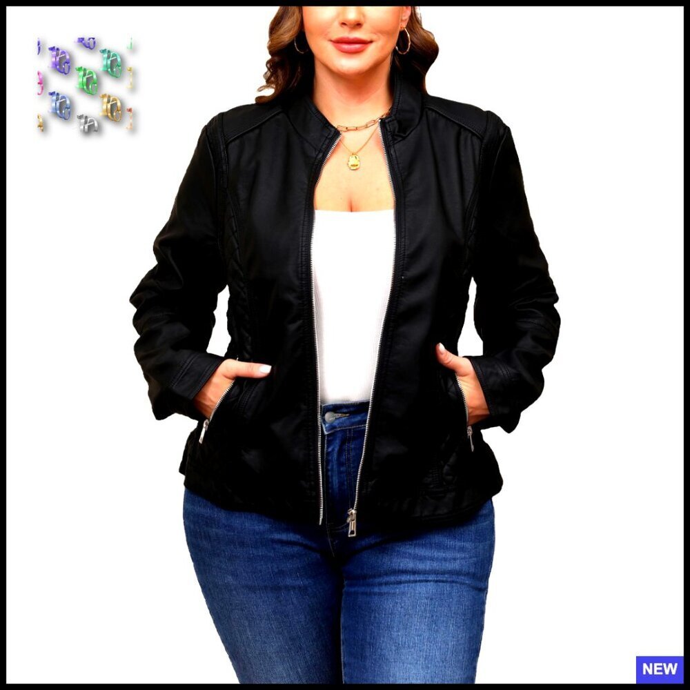 Faux Leather Moto Jacket Slim Fit Quilted Zipper Bomber Coat Pockets